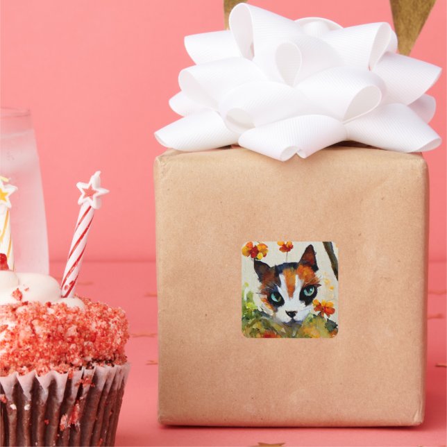 Calico cat in the garden  square sticker (Party)