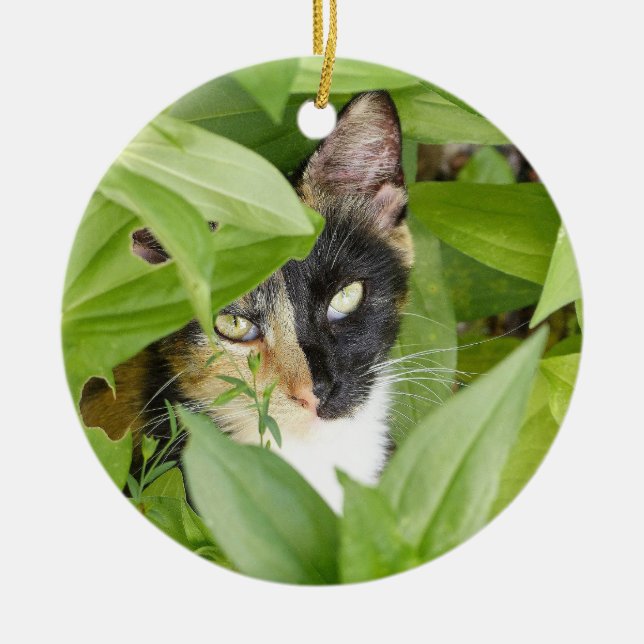 Calico Cat in the Zinnias Ceramic Tree Decoration (Front)