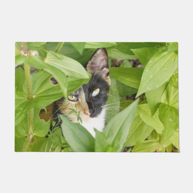 Calico Cat in the Zinnias Doormat (Front)