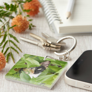 Calico Cat in the Zinnias Key Ring