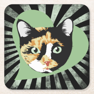Calico cat love square paper coaster