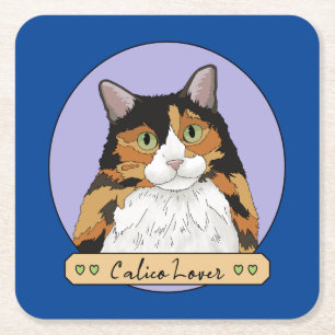 Calico Cat Lover Square Paper Coaster