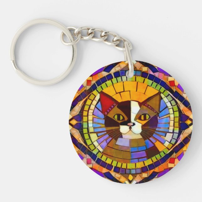 Calico Cat Mosaic - modern & colourful - own text Key Ring (Front)