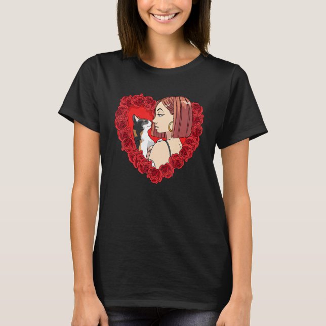 Calico Cat Mum Valentine Day Cat Lady Heart Roses T-Shirt (Front)