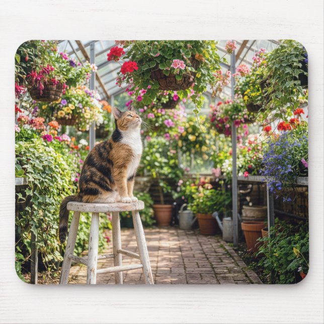 Calico Cat on a Stool in a Greenhouse Mouse Mat (Front)