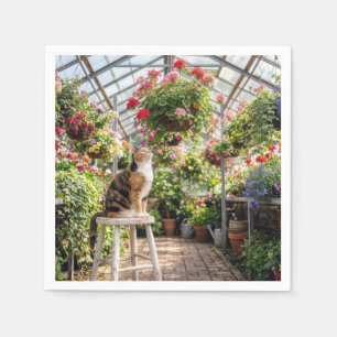 Calico Cat on a Stool in a Greenhouse Napkin