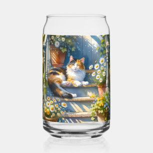 Calico Cat on Floral Porch Cottagecore Can Glass