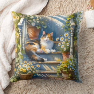 Calico Cat on Floral Porch Cottagecore Cushion