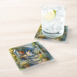Calico Cat on Floral Porch Cottagecore Glass Coaster