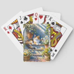 Calico Cat on Floral Porch Cottagecore Playing Cards