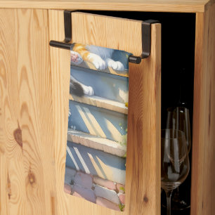 Calico Cat on Floral Porch Cottagecore Tea Towel