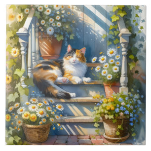 Calico Cat on Floral Porch Cottagecore Tile