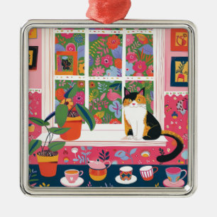 Calico Cat on Window Sill Pop Art Metal Tree Decoration