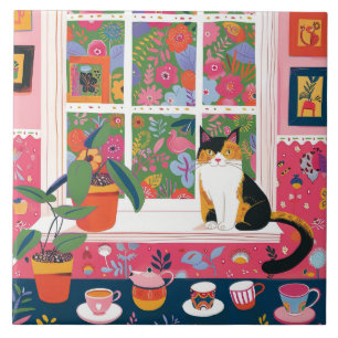 Calico Cat on Window Sill Pop Art Tile