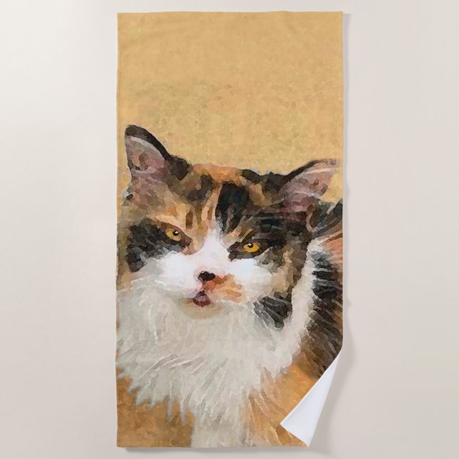 Calico Cat Painting - Cute Original Cat Art Beach Towel (Front)