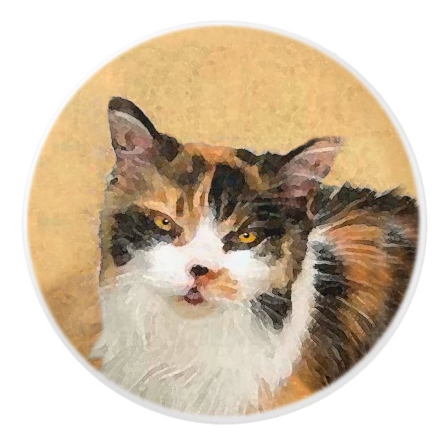 Calico Cat Painting - Cute Original Cat Art Ceramic Knob (Front)
