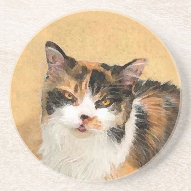 Calico Cat Painting - Cute Original Cat Art Coaster (Front)