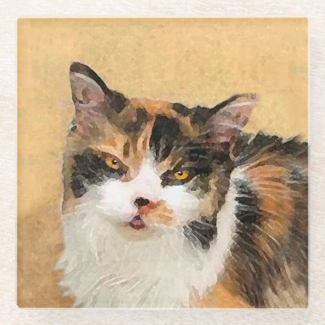 Calico Cat Painting - Cute Original Cat Art Glass Coaster (Front)
