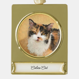 Calico Cat Painting - Cute Original Cat Art Gold Plated Banner Ornament