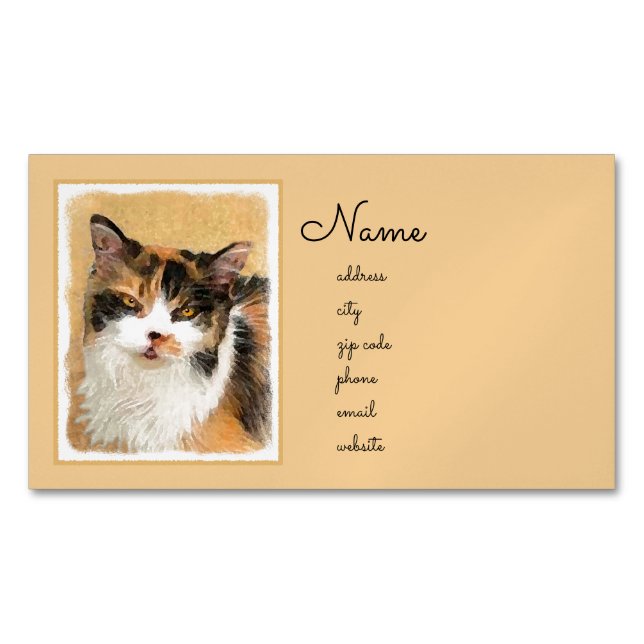 Calico Cat Painting - Cute Original Cat Art Magnetic Business Card (Front)