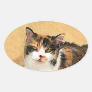 Calico Cat Painting - Cute Original Cat Art Oval Sticker