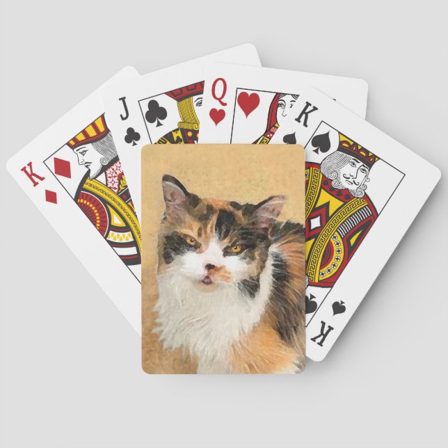 Calico Cat Painting - Cute Original Cat Art Playing Cards (Back)