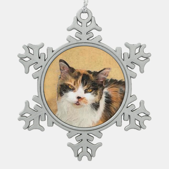 Calico Cat Painting - Cute Original Cat Art Snowflake Pewter Christmas Ornament (Front)