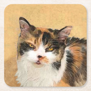 Calico Cat Painting - Cute Original Cat Art Square Paper Coaster