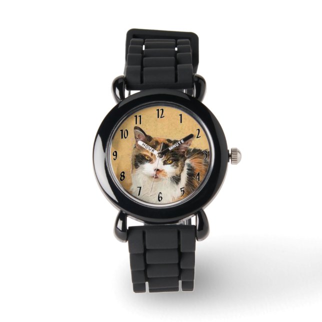 Calico Cat Painting - Cute Original Cat Art Watch (Front)