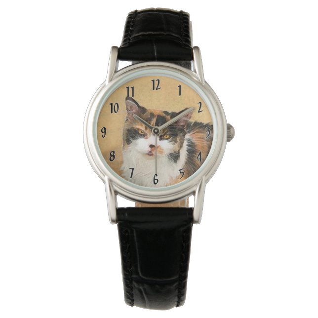 Calico Cat Painting - Cute Original Cat Art Watch (Front)