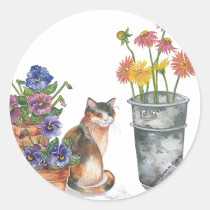 Calico Cat Pansies Daisies Watercolor "Don Juan" Classic Round Sticker