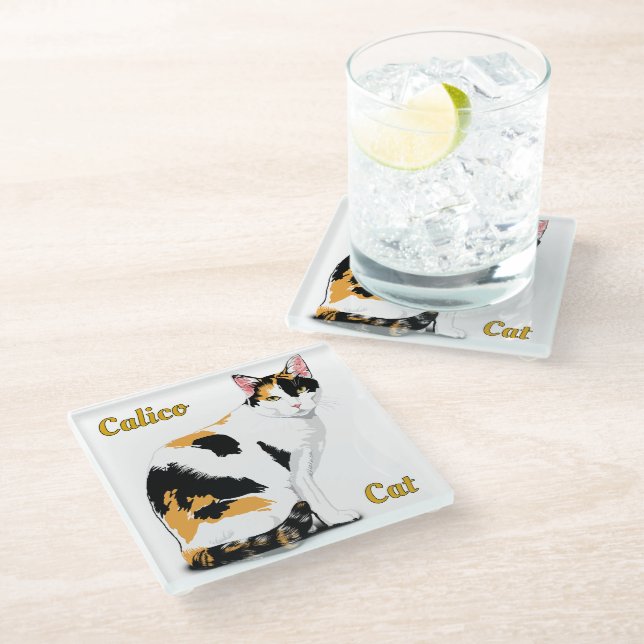 Calico Cat Personalised Glass Coaster (Angled)