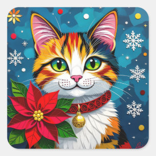 Calico Cat, Poinsettias and Snowflakes Christmas Square Sticker