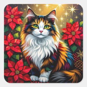 Calico Cat, Poinsettias Red and Gold Christmas Square Sticker