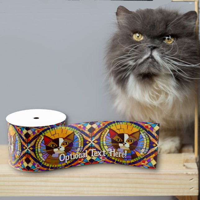 Calico Cat Portrait Mosaic - Optional Name / Text Grosgrain Ribbon (Creator Uploaded)