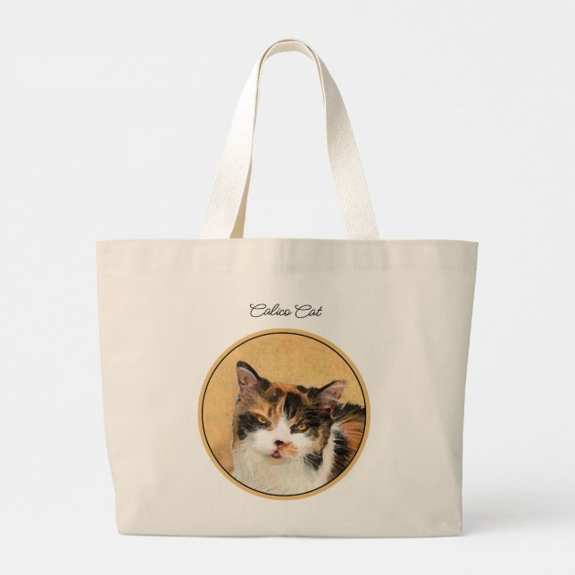 Calico Cat Portrait Painting Cute Original Art Large Tote Bag (Back)