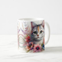 Calico Cat Portrait with Flowers  