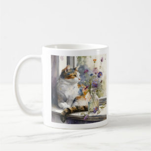 Calico Cat Purple Flowers Window Sunlight  Coffee Mug