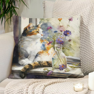 Calico Cat Purple Flowers Window Sunlight  Cushion
