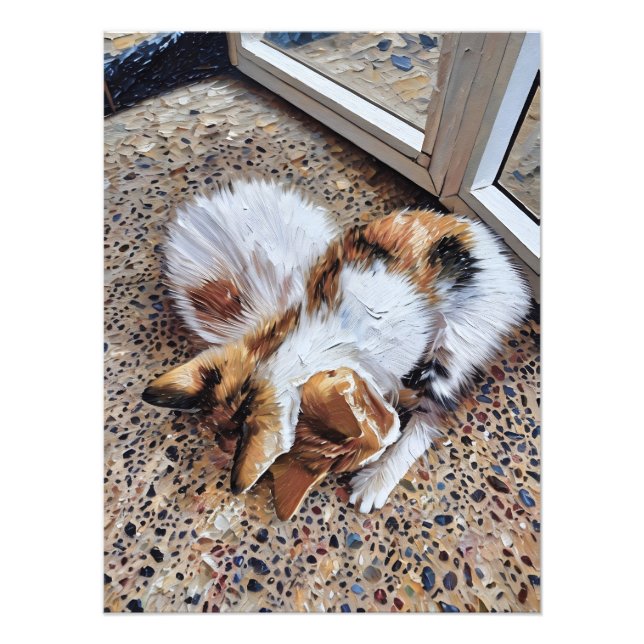 Calico Cat Relaxing Peacefully on Textured ground Photo Print (Front)