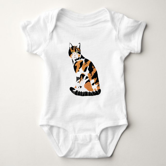 Calico cat sitting baby bodysuit (Front)