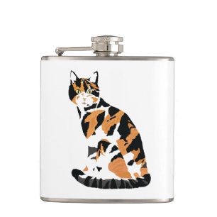 Calico cat sitting hip flask