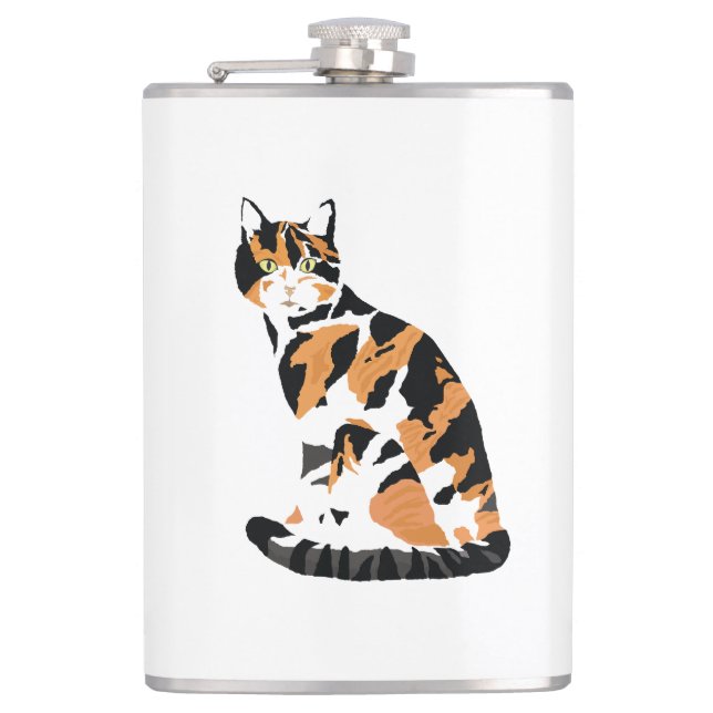 Calico cat sitting hip flask (Front)