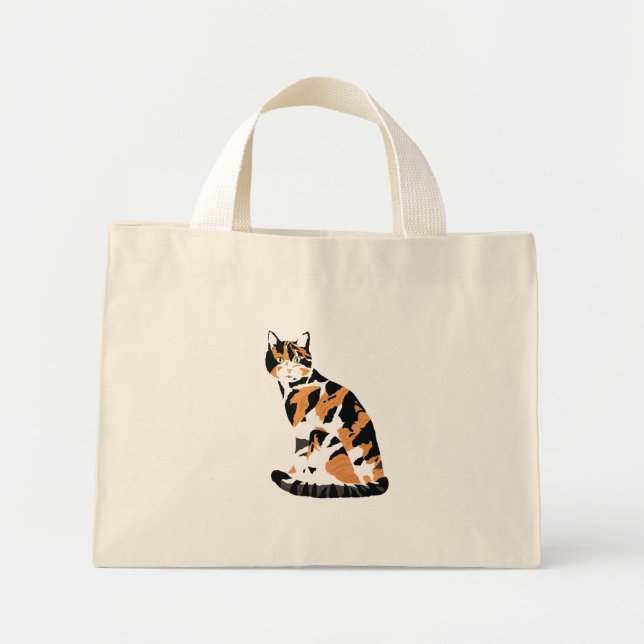 Calico cat sitting mini tote bag (Front)
