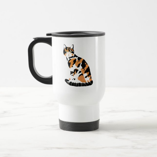 Calico cat sitting travel mug (Left)