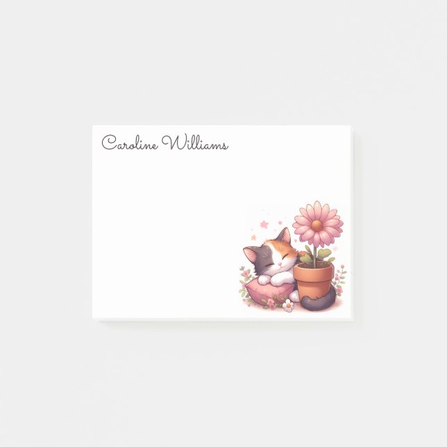 Calico Cat Sleeping Kitten with a Pink Daisy Post-it Notes (Front)