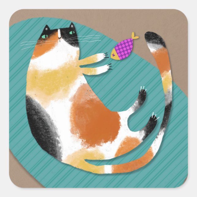 Calico cat & toy square sticker (Front)