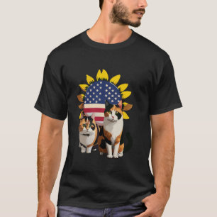 Calico Cat USA Flag July 4th Fourth Sunflower T-Shirt