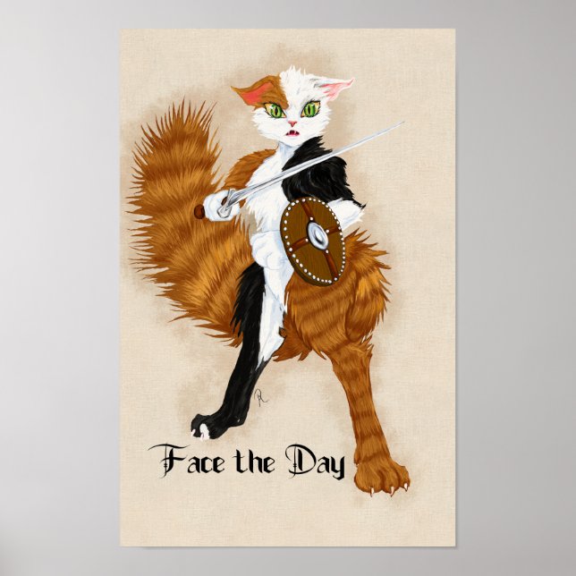 Calico Cat Warrior Grimalkin with Sword and Shield Poster (Front)