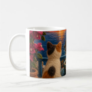 Calico Cat Watching Sunset by the Sea Coffee Mug
